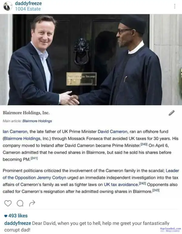 "Dear David Cameron, When You Get To Hell, Help Me Greet Your Corrupt Dad" - OAP Freeze